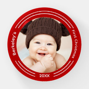 Minimalist Baby Photo Red First Christmas Paperweight