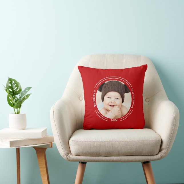 Minimalist Baby Photo Red First Christmas Throw Pillow (Chair)