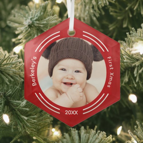 Minimalist Baby Photo Red First Xmas Glass Ornament