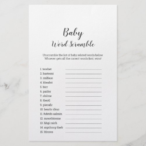 Minimalist Baby Shower Baby Word Scramble Game Flyer