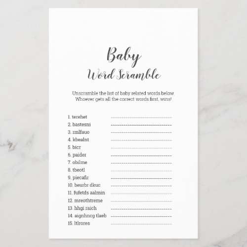 Minimalist Baby Shower Baby Word Scramble Game Flyer