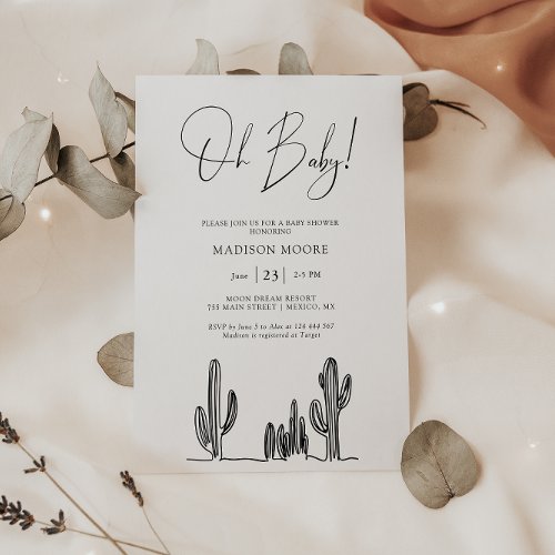Minimalist Baby Shower Cactus Line Art Desert Invitation