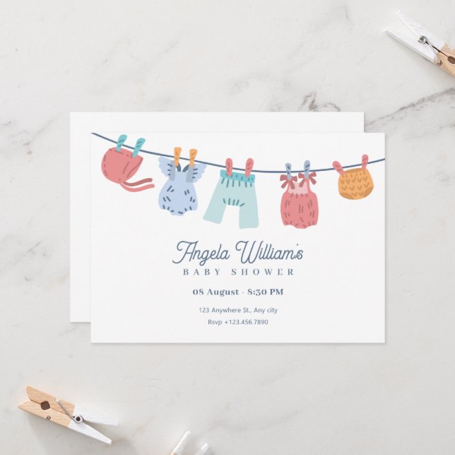 Minimalist Baby Shower Clothesline Invitation (Front/Back In Situ)