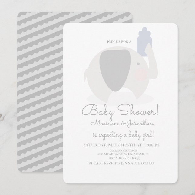 Minimalist Baby Shower Elephant Boys Baby Bottle Invitation (Front/Back)