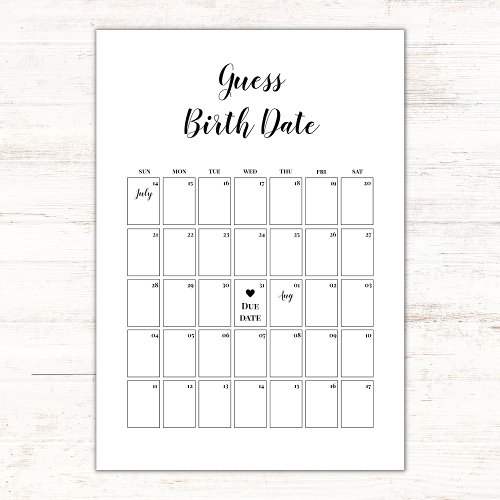 Minimalist Baby Shower Guess Due Date Calendar Card