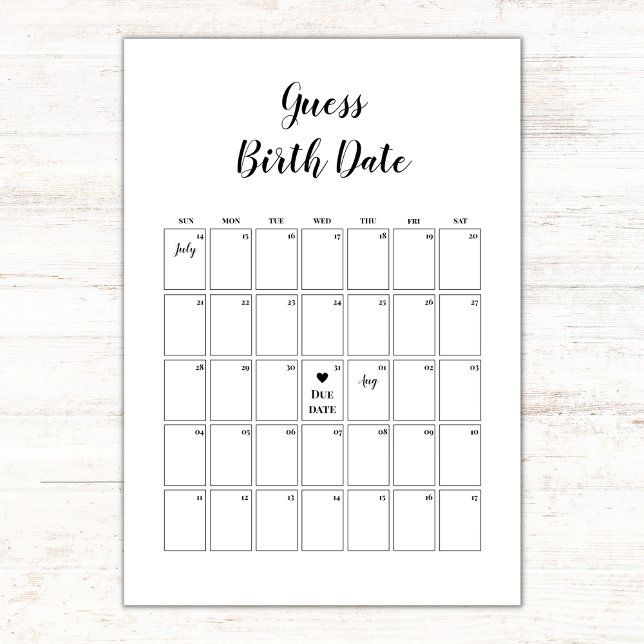 Minimalist Baby Shower Guess Due Date Calendar Card (baby shower game guess due date calendar, minimalist black and white gender neutral, guess birth)