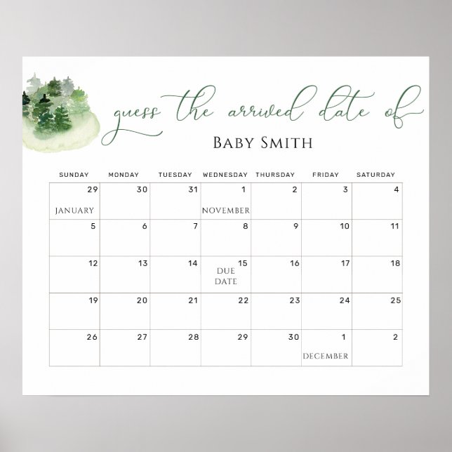 Minimalist baby shower guess Due Date Calendar  Poster (Front)