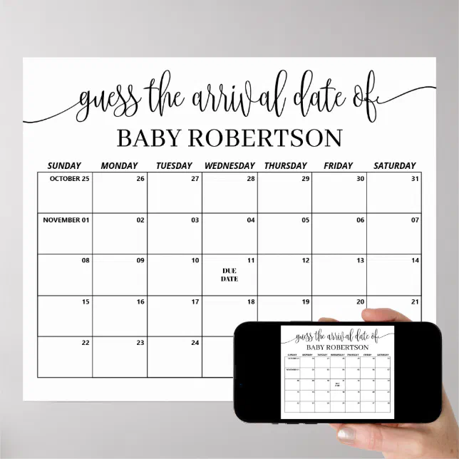 Minimalist Baby Shower Guess Due Date Calendar Poster | Zazzle