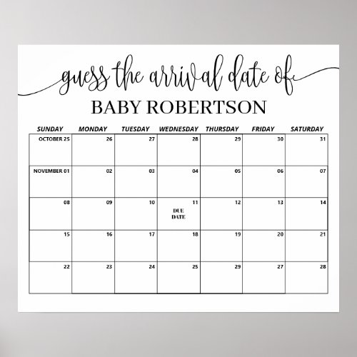 Minimalist Baby Shower Guess Due Date Calendar Poster