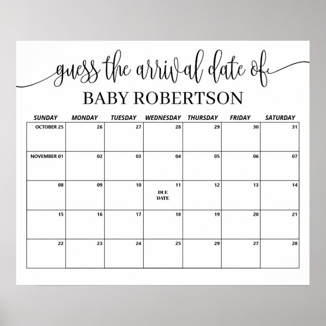Minimalist Baby Shower Guess Due Date Calendar Poster (Front)