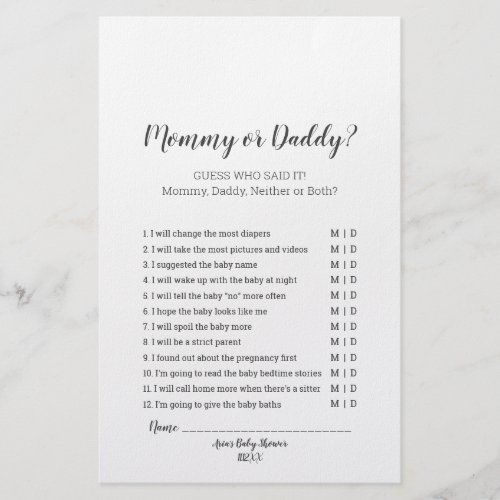 Minimalist Baby Shower Mommy or Daddy Game Flyer