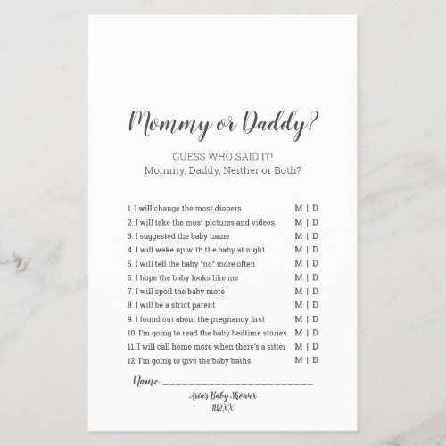 Minimalist Baby Shower Mommy or Daddy Game Flyer