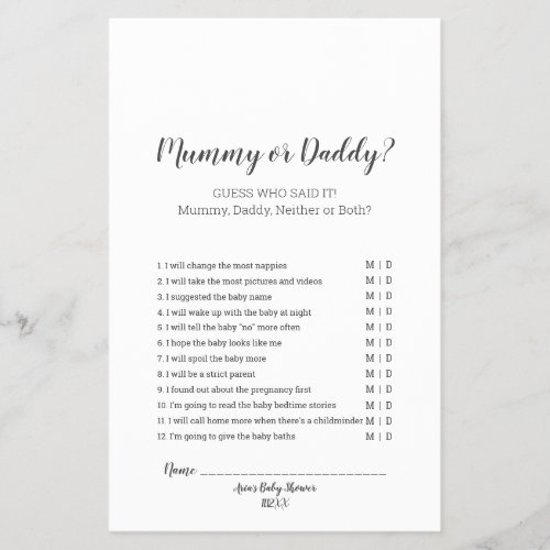 Minimalist Baby Shower Mummy or Daddy Game Flyer