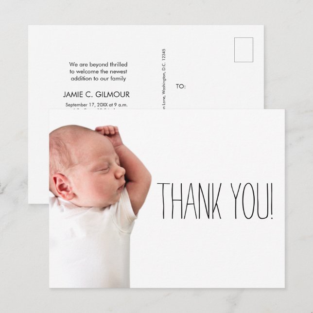 Minimalist Baby Shower Photo Thank you Name Announcement Postcard (Front/Back)
