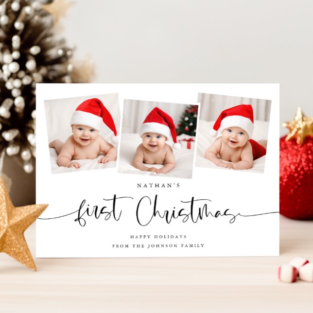 Minimalist Baby's First Christmas 3 Photo Cute Holiday Card (Creator Uploaded)
