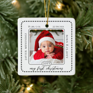 Minimalist Babys First Christmas Birth Stats Photo Ceramic Ornament