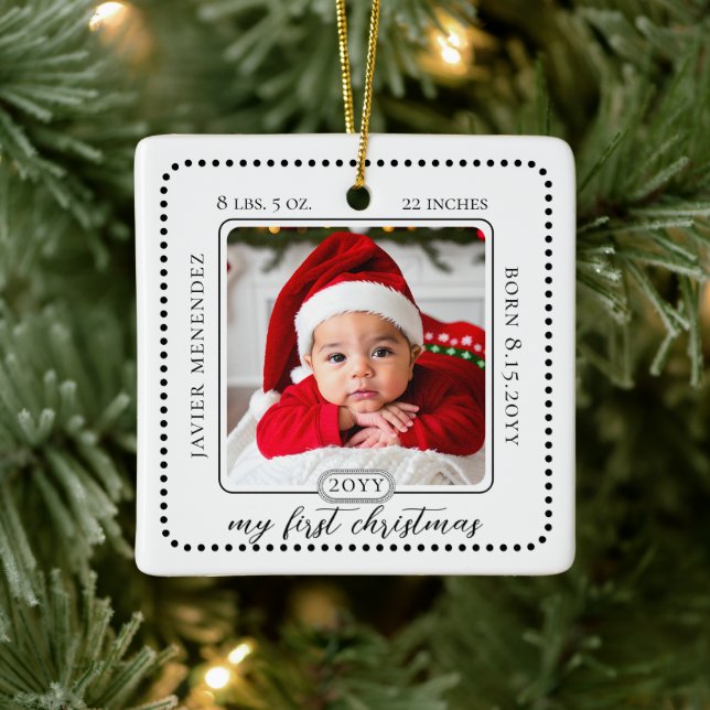 Minimalist Babys First Christmas Birth Stats Photo Ceramic Ornament (Tree)