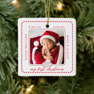 Minimalist Babys First Christmas Birth Stats Photo Ceramic Ornament