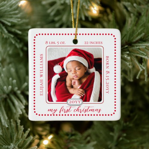 Minimalist Babys First Christmas Birth Stats Photo Ceramic Ornament