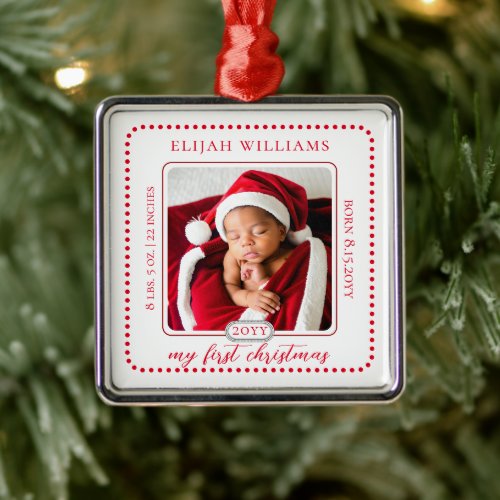 Minimalist Babys First Christmas Birth Stats Photo Metal Ornament