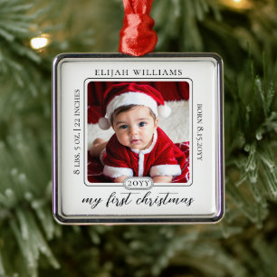 Minimalist Babys First Christmas Birth Stats Photo Metal Ornament