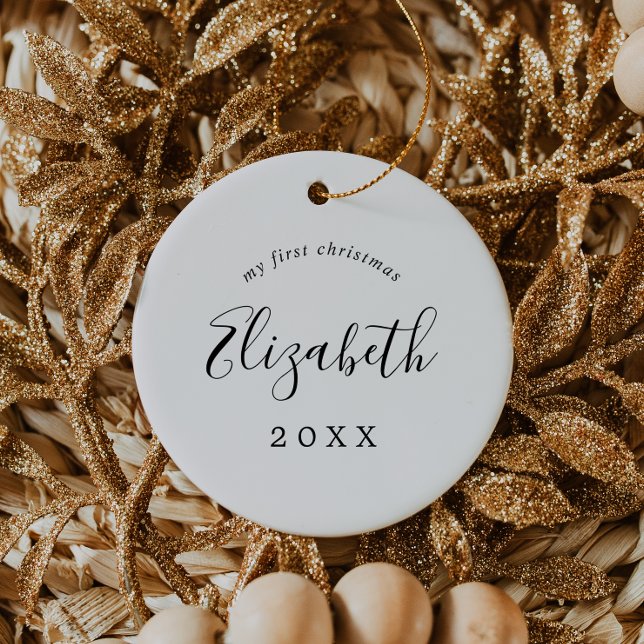 Minimalist Baby's First Christmas Newborn Photo Ceramic Ornament (Creator Uploaded)