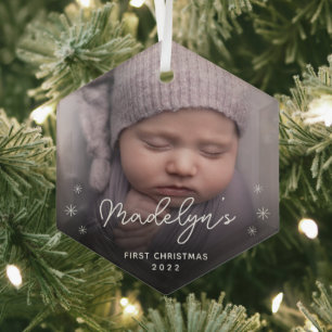 Minimalist Baby's First Christmas Photo  Glass Ornament