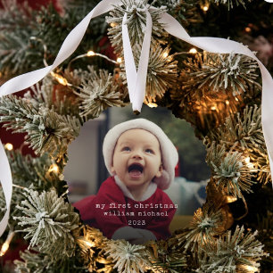 Minimalist Babys First Christmas Photo Ornament Card