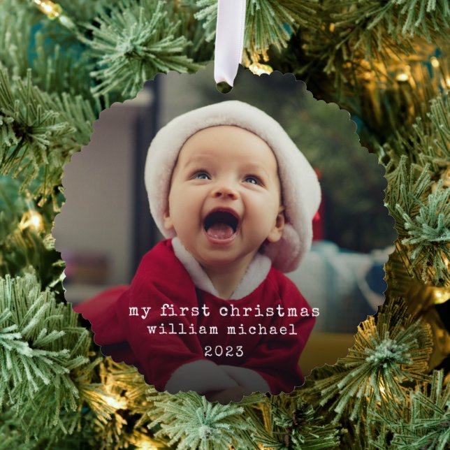 Minimalist Babys First Christmas Photo Ornament Card (Insitu (Tree))