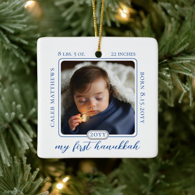 Minimalist Babys First Hanukkah Birth Stats Photo Ceramic Ornament (Tree)