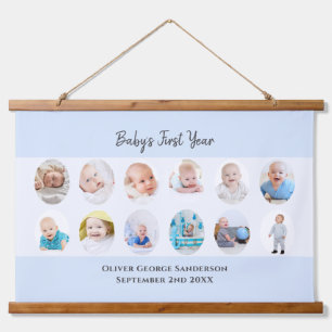 Minimalist Baby's First Year Blue 12 Photo Collage Hanging Tapestry