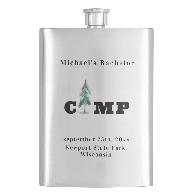Minimalist Bachelor Camp Pine Tree Modern Monogram Flask (Front)