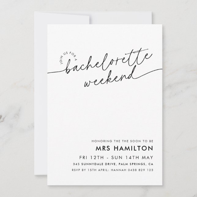 Minimalist Bachelorette Party Weekend Itinerary Invitation (Front)