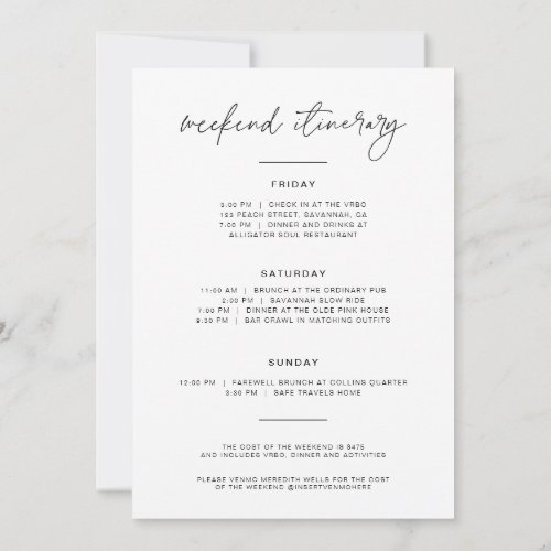 Minimalist Bachelorette Weekend Invite  Itinerary