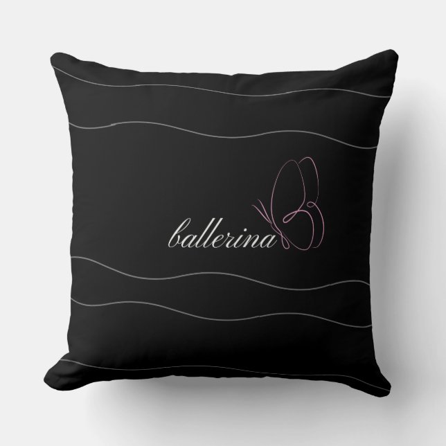 Minimalist Ballerina & Pink Butterfly Black Throw Pillow (Front)