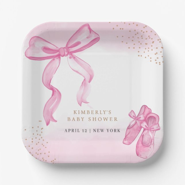 Minimalist Ballerina Shoes Bow Baby Shower Paper Plates (Front)