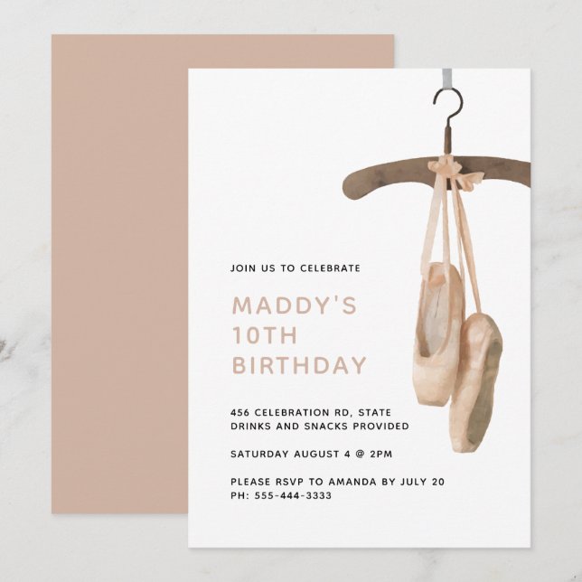 Minimalist Ballet Shoes Ballerina 10th Birthday  Invitation (Front/Back)