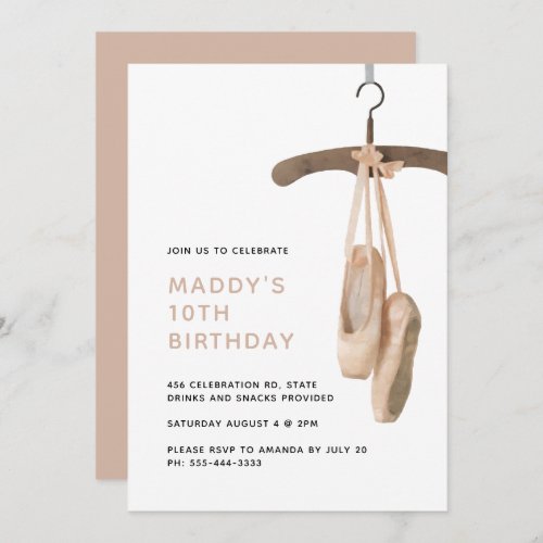 Minimalist Ballet Shoes Ballerina 10th Birthday  Invitation