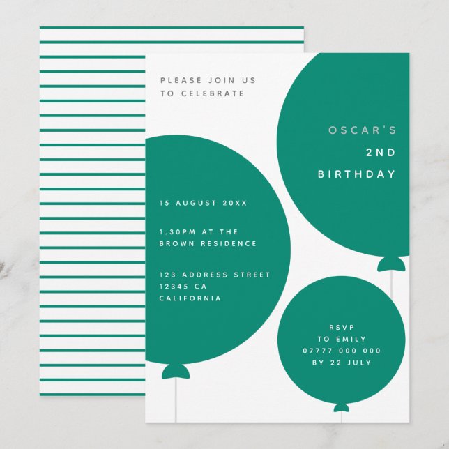 Minimalist Balloon | Green Kid's Birthday Party Invitation (Front/Back)