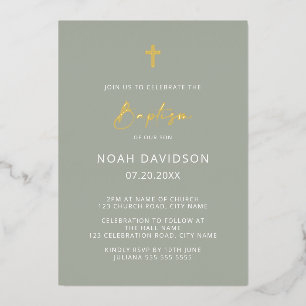 Minimalist Baptism Grey Green & Gold Foil Invitation