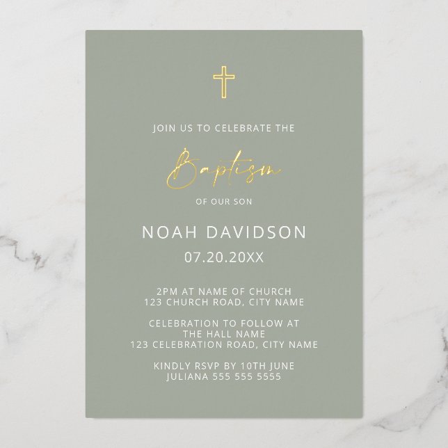 Minimalist Baptism Grey Green & Gold Foil Invitation (Front)