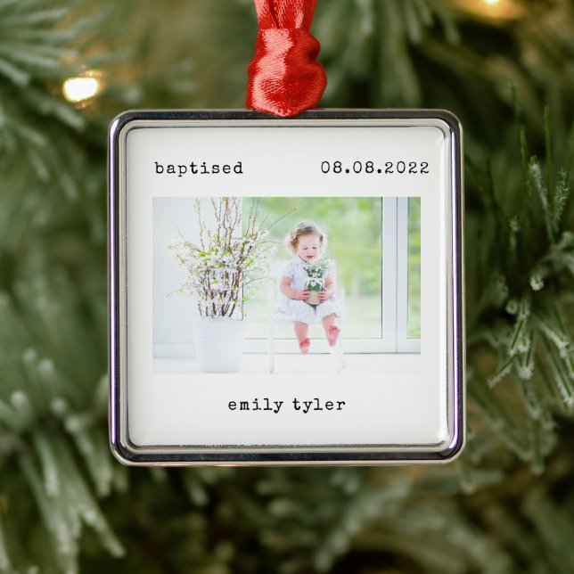 Minimalist Baptism Photo Keepsake Metal Ornament (Tree)