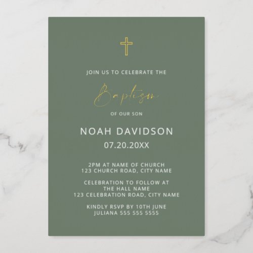 Minimalist Baptism Sage Green  Gold  Foil Invitation