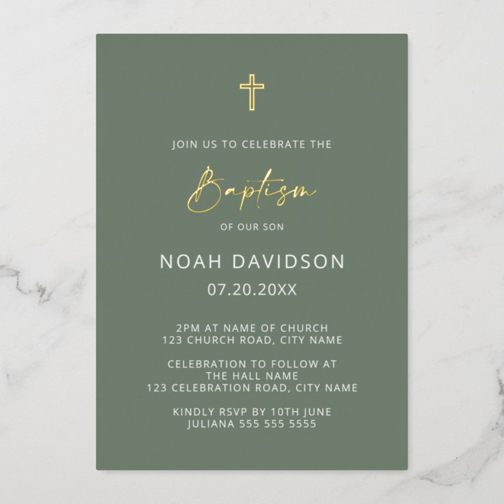 Minimalist Baptism Sage Green & Gold Foil Invitation | Zazzle