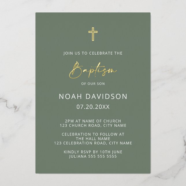 Minimalist Baptism Sage Green & Gold  Foil Invitation (Front)