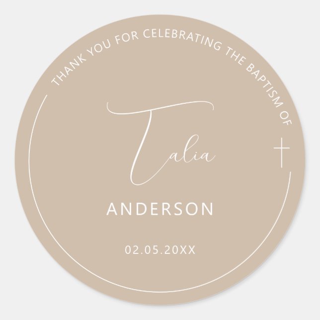 Minimalist Baptism Simple Cross Beige Classic Round Sticker (Front)