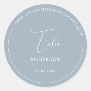 Minimalist Baptism Simple Cross Blue Classic Round Sticker