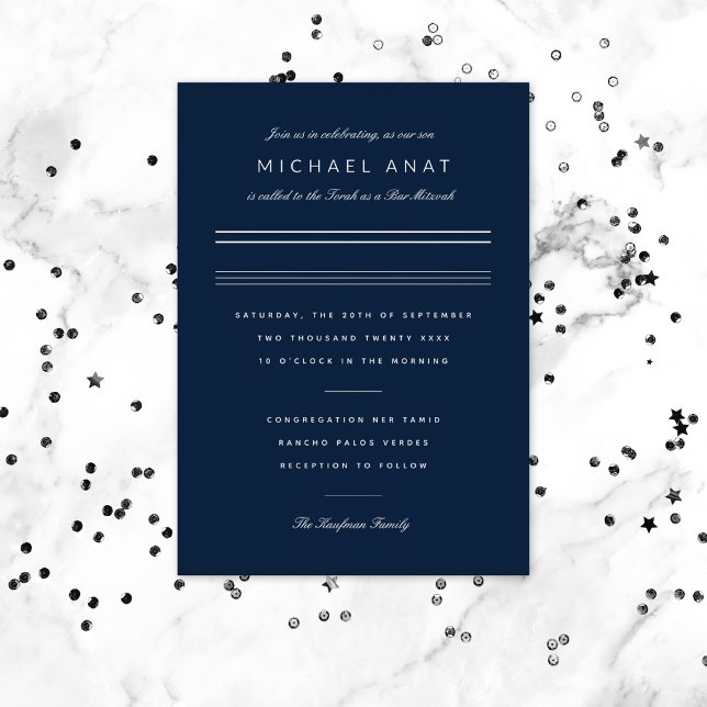 Minimalist Bar Mitzvah Navy Blue Silver Foil Invitation (Creator Uploaded)