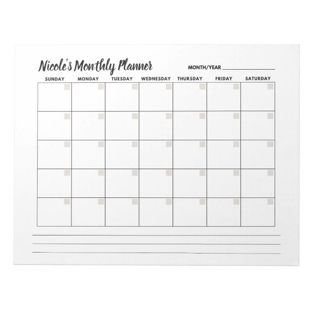 Minimalist Basic Monthly Calendar Notepad  (Front)
