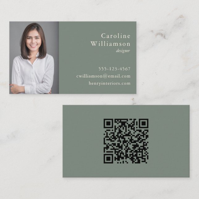 Minimalist Basic Sage Green Professional Photo QR Business Card (Front/Back)